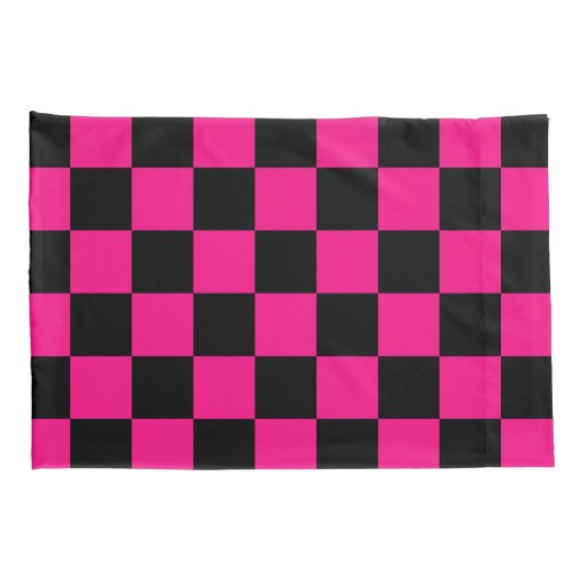 Geruite vierkanten heet roze zwart geometrische re kussensloop (Achterkant-Rechts)