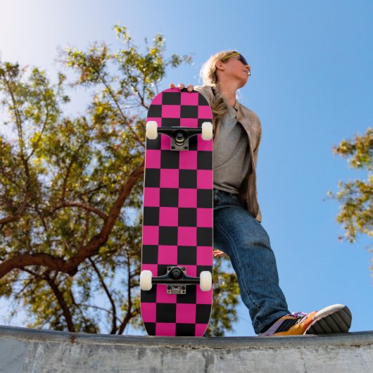Geruite vierkanten heet roze zwart geometrische re persoonlijk skateboard (Buiten 1)