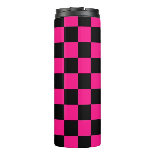 Geruite vierkanten heet roze zwart geometrische re thermosbeker (Achterkant)