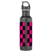 Geruite vierkanten heet roze zwart geometrische re waterfles (Achterkant)
