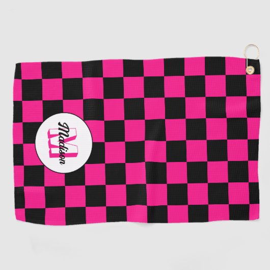 Geruite vierkanten heet roze zwart retro Monogram Golfhanddoek (Horizontaal)