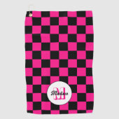 Geruite vierkanten heet roze zwart retro Monogram Golfhanddoek (Voorkant)