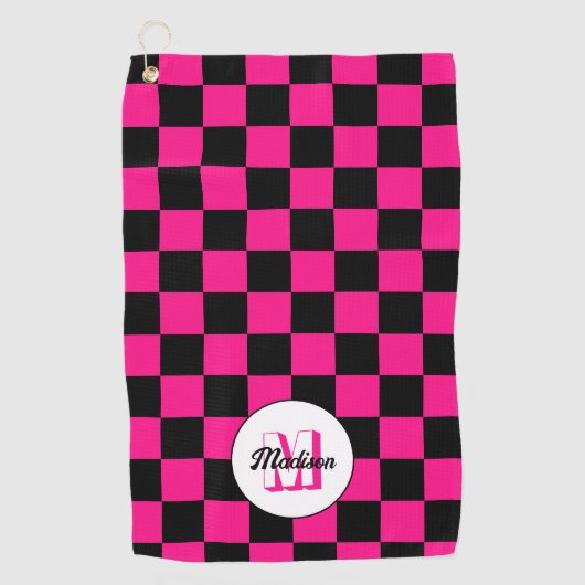 Geruite vierkanten heet roze zwart retro Monogram Golfhanddoek (Voorkant)