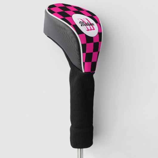 Geruite vierkanten heet roze zwart retro Monogram Golfheadcover (Schuin)