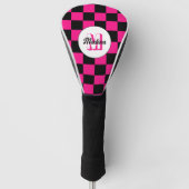 Geruite vierkanten heet roze zwart retro Monogram Golfheadcover (Voorkant)