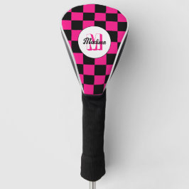 Geruite vierkanten heet roze zwart retro Monogram Golfheadcover