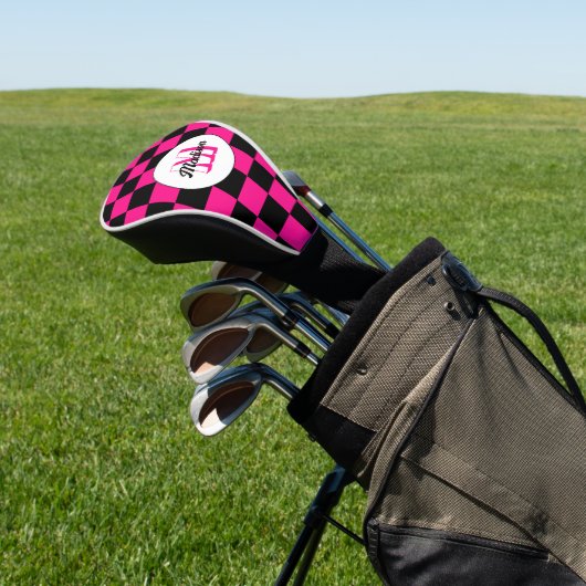 Geruite vierkanten heet roze zwart retro Monogram Golfheadcover (Insitu)
