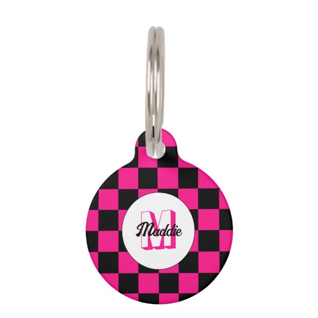 Geruite vierkanten heet roze zwart retro Monogram Huisdierpenning (Voorkant)