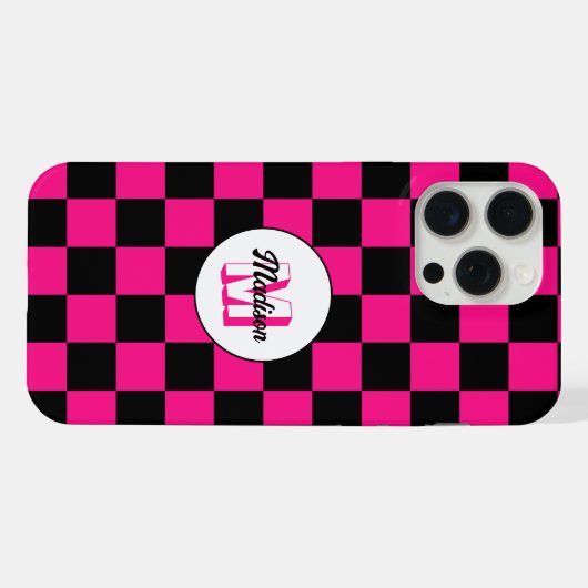 Geruite vierkanten heet roze zwart retro Monogram iPhone Hoesje (Achterkant horizontaal)