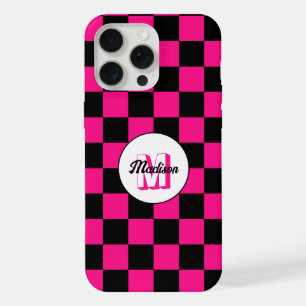 Geruite vierkanten heet roze zwart retro Monogram iPhone 15 Pro Max Case