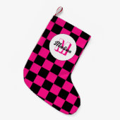 Geruite vierkanten heet roze zwart retro Monogram Kleine Kerstsok (Voorkant (Hangend))
