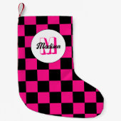 Geruite vierkanten heet roze zwart retro Monogram Kleine Kerstsok (Voorkant)
