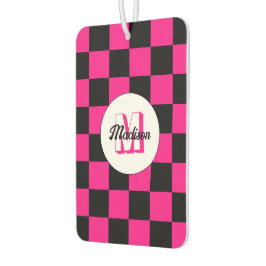 Geruite vierkanten heet roze zwart retro Monogram Luchtverfrisser
