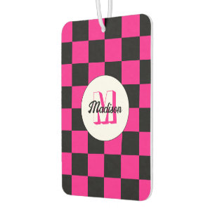 Geruite vierkanten heet roze zwart retro Monogram Luchtverfrisser