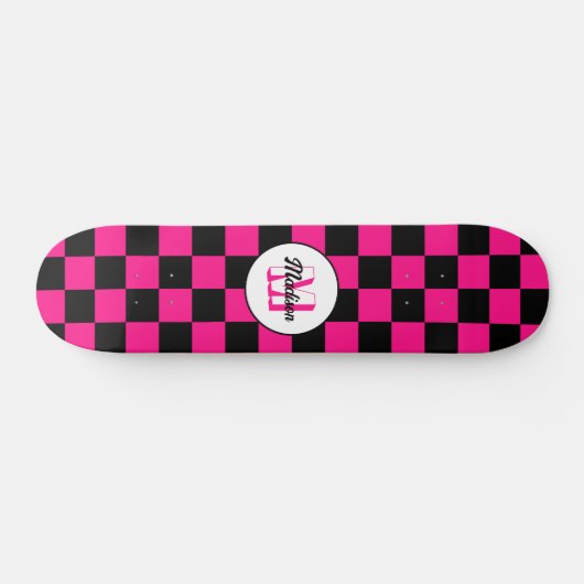 Geruite vierkanten heet roze zwart retro Monogram Persoonlijk Skateboard (Horizontaal)
