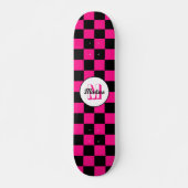 Geruite vierkanten heet roze zwart retro Monogram Persoonlijk Skateboard (Voorkant)