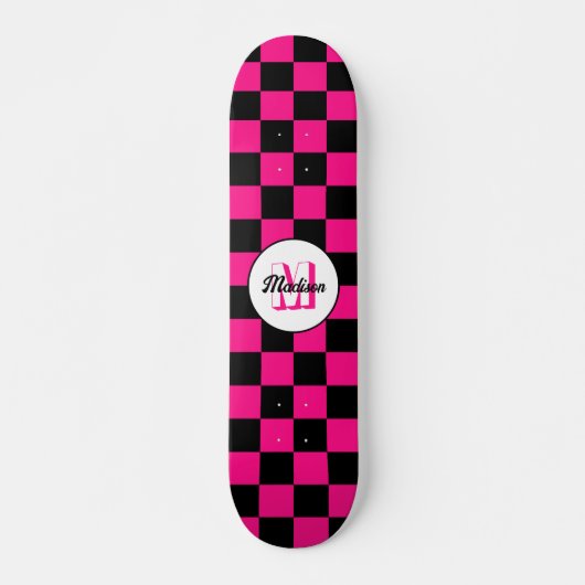 Geruite vierkanten heet roze zwart retro Monogram Persoonlijk Skateboard (Voorkant)