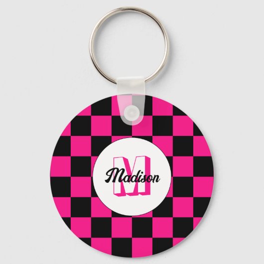 Geruite vierkanten heet roze zwart retro Monogram Sleutelhanger (Voorkant)