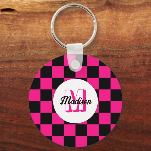 Geruite vierkanten heet roze zwart retro Monogram Sleutelhanger (Achterkant)
