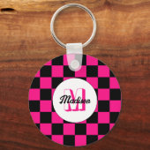 Geruite vierkanten heet roze zwart retro Monogram Sleutelhanger (Voorkant)