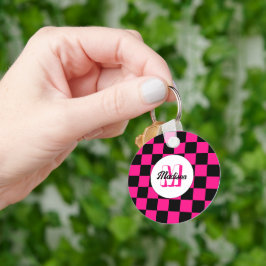 Geruite vierkanten heet roze zwart retro Monogram Sleutelhanger