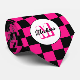 Geruite vierkanten heet roze zwart retro Monogram Stropdas
