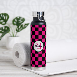 Geruite vierkanten heet roze zwart retro Monogram Waterfles