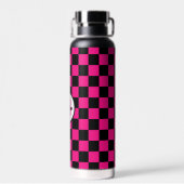 Geruite vierkanten heet roze zwart retro Monogram Waterfles (Achterkant)