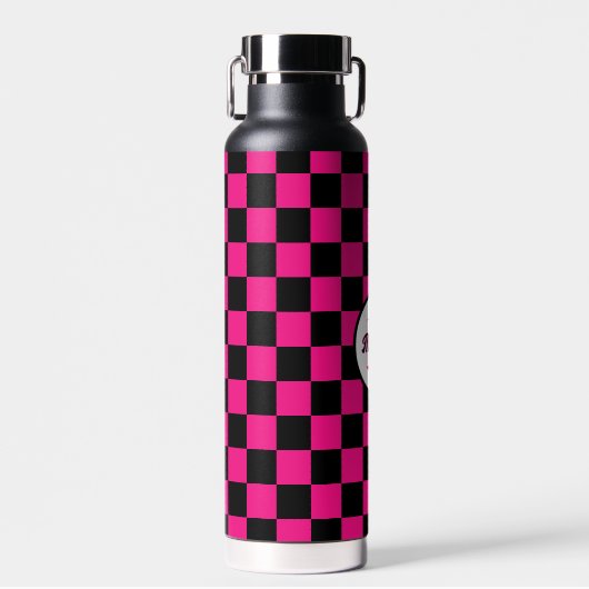 Geruite vierkanten heet roze zwart retro Monogram Waterfles (Voorkant)