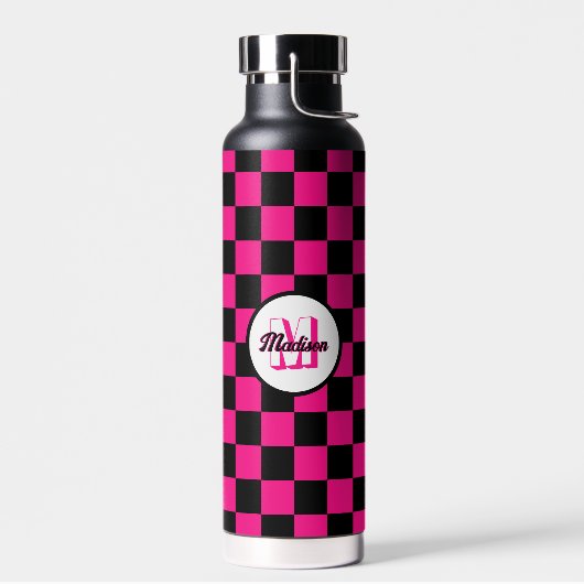 Geruite vierkanten heet roze zwart retro Monogram Waterfles (Links)