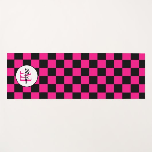 Geruite vierkanten heet roze zwart retro Monogram Yogamat (Voorkant (horizontaal))
