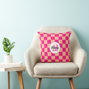 Geruite vierkanten hete roze perzik retro Monogram Kussen