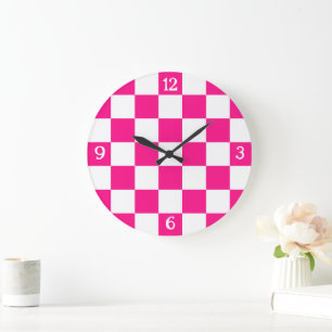 Geruite vierkanten hete roze witte geometrische re grote klok