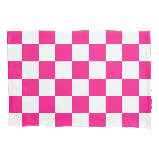 Geruite vierkanten hete roze witte geometrische re kussensloop (Voorkant)