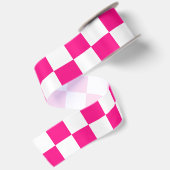 Geruite vierkanten hete roze witte geometrische re satijnen lint (Achterkant)