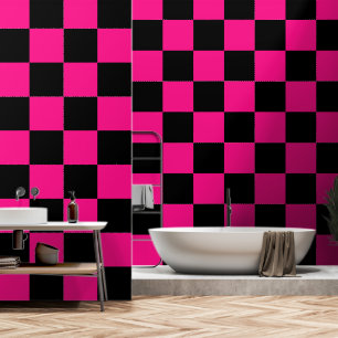 Geruite vierkanten hete roze zwart geometrisch ret behang