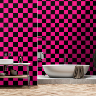 Geruite vierkanten hete roze zwart geometrisch ret behang