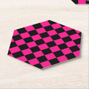 Geruite vierkanten hete roze zwart geometrisch ret kartonnen onderzetters
