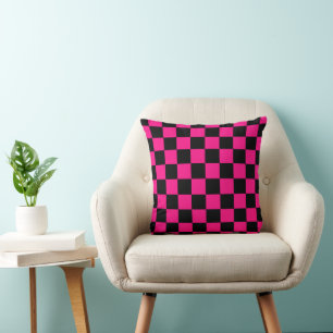 Geruite vierkanten hete roze zwart geometrisch ret kussen