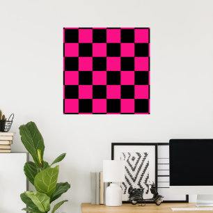Geruite vierkanten hete roze zwart geometrisch ret poster