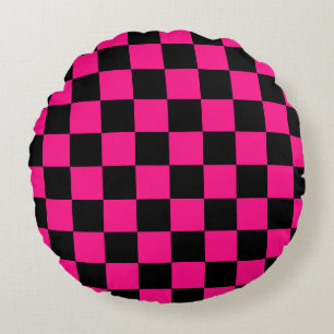 Geruite vierkanten hete roze zwart geometrisch ret rond kussen