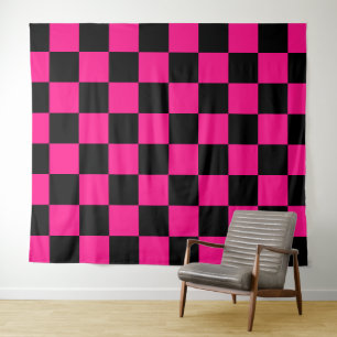 Geruite vierkanten hete roze zwart geometrisch ret wandkleed