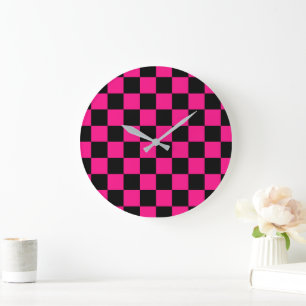 Geruite vierkanten hete roze zwarte geometrische r grote klok