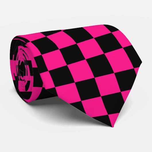 Geruite vierkanten hot pink black retro stropdas (Opgerold)