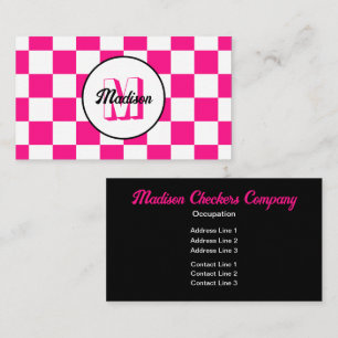 Geruite vierkanten hot pink witte retro monogram visitekaartje