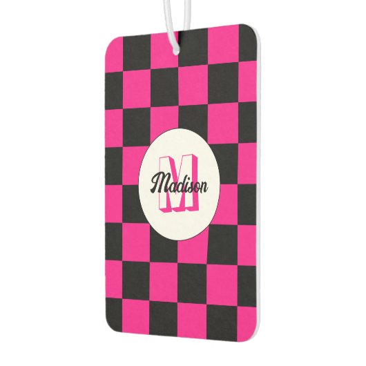 Geruite vierkanten hot pink zwart retro Monogram Luchtverfrisser (Links)