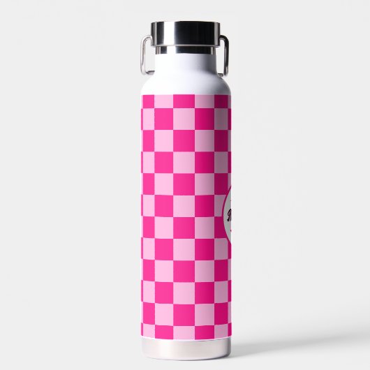 Geruite vierkanten licht heet roze retro Monogram Waterfles (Voorkant)
