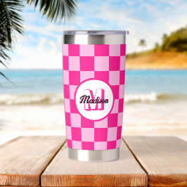 Geruite vierkanten licht hete roze retro Monogram Geïsoleerde Drinkbeker
