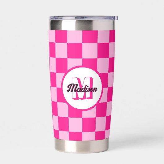 Geruite vierkanten licht roze retro Monogram Geïsoleerde Drinkbeker (Links)