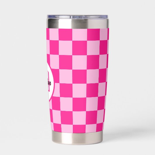 Geruite vierkanten licht roze retro Monogram Geïsoleerde Drinkbeker (Achterkant)